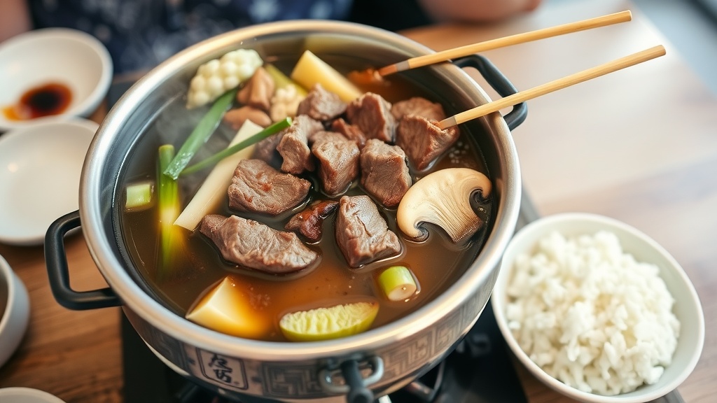 Savory Beef Sukiyaki Recipe A warm and inviting Beef Sukiyaki hot pot with beef and vegetables simmering, served with rice.